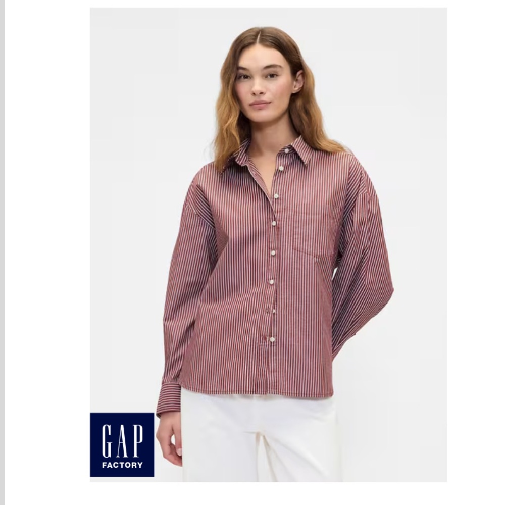 GAP Oversized Shirt in Poplin, Red Stripe, L